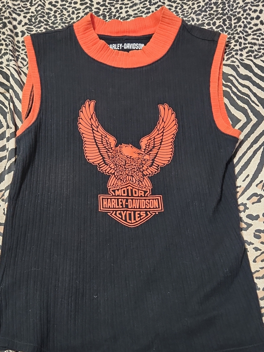 Harley-Davidson Black Ribbed Sleeveless Crop Top with Orange Eagle Graphic
